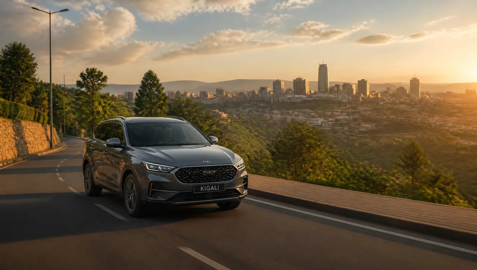 SUV driving on a road above the Kigali skyline at sunset